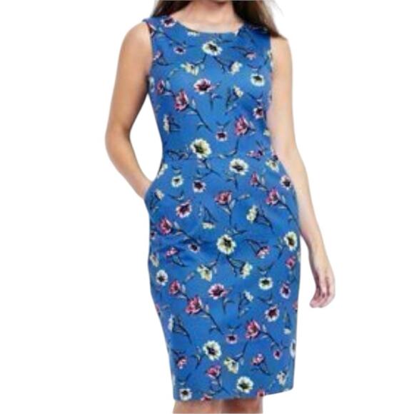 Lands’ End Dress Ponte Knit Sheath Shift Pockets Blue Pink Floral Women Size 18 - Picture 1 of 12